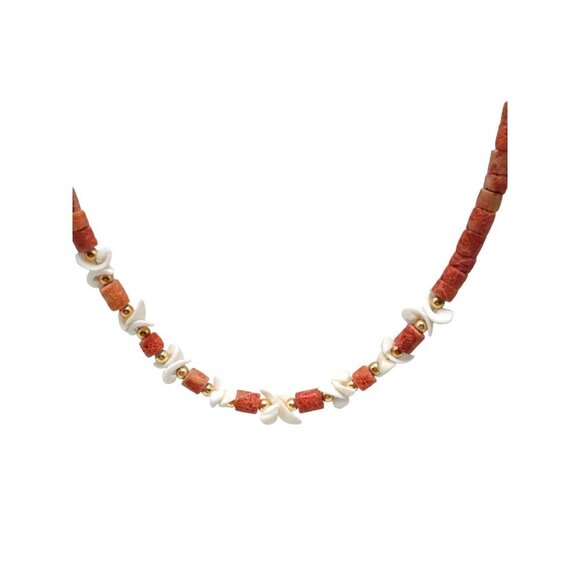Vintage Red Coral White MOP Shell Beaded Necklace With Metal Clasp - Picture 3 of 6